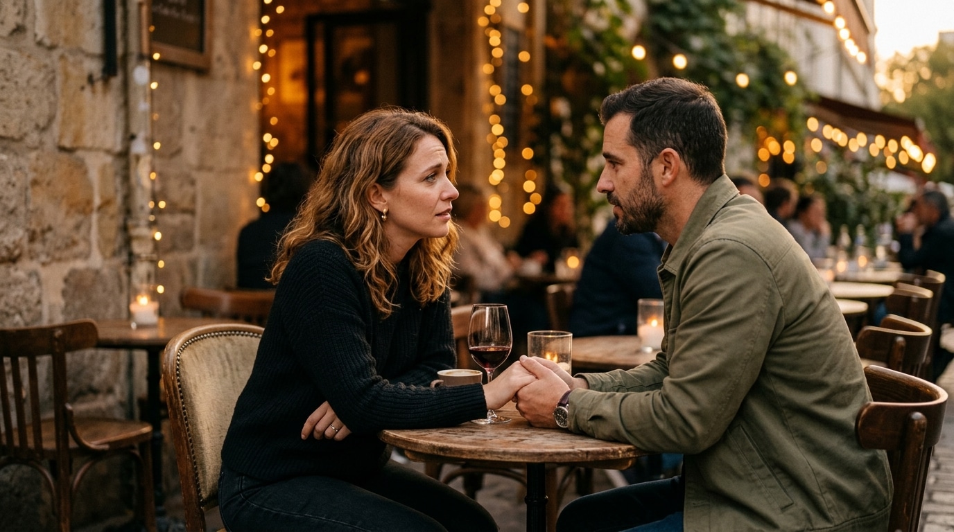 Couple ayant une conversation importante à la lumière dorée