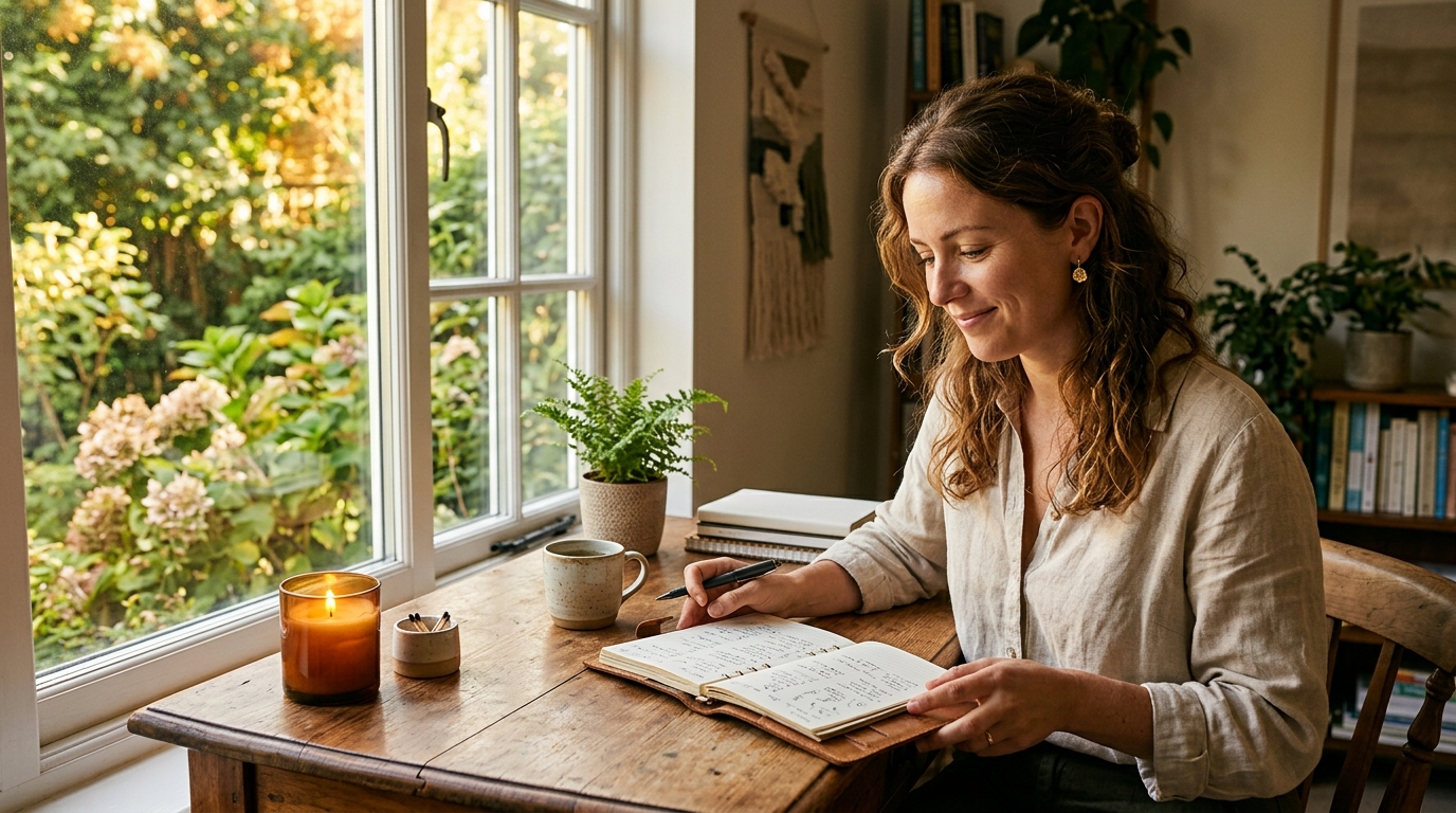 Femme organisant sa rentrée avec un agenda en août