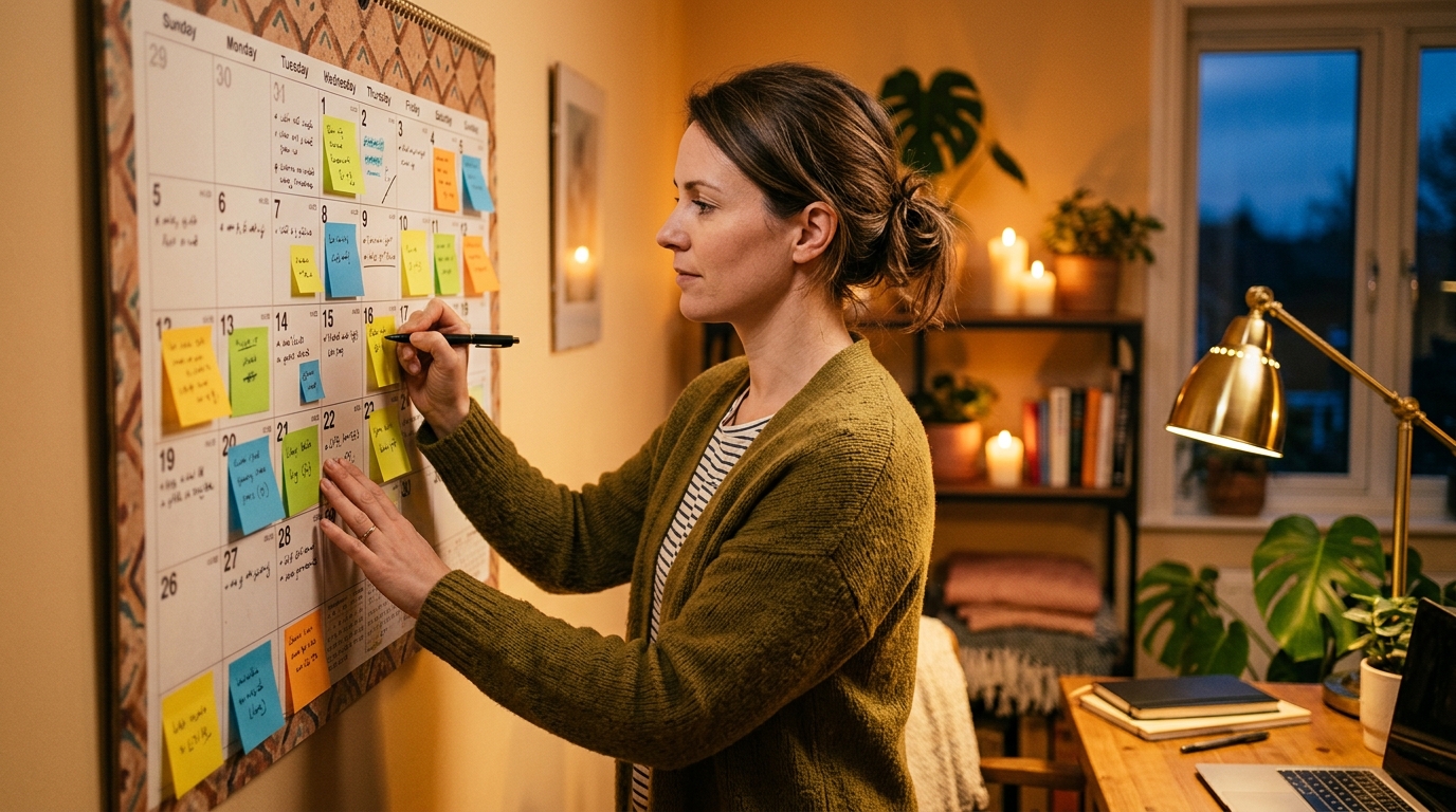 Femme planifiant son calendrier de rentrée avec des notes