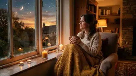 Femme sereine au coucher du soleil près d'une fenêtre