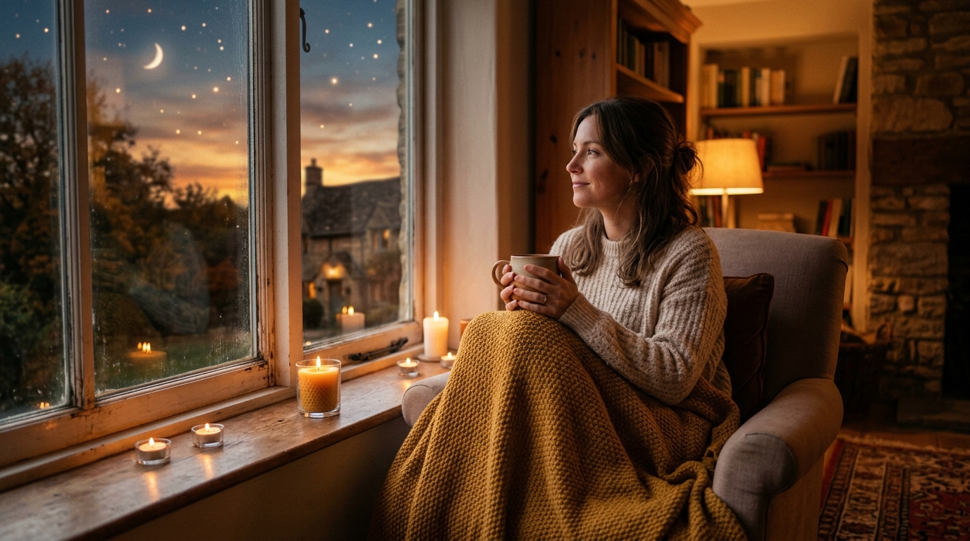 Femme sereine au coucher du soleil près d'une fenêtre