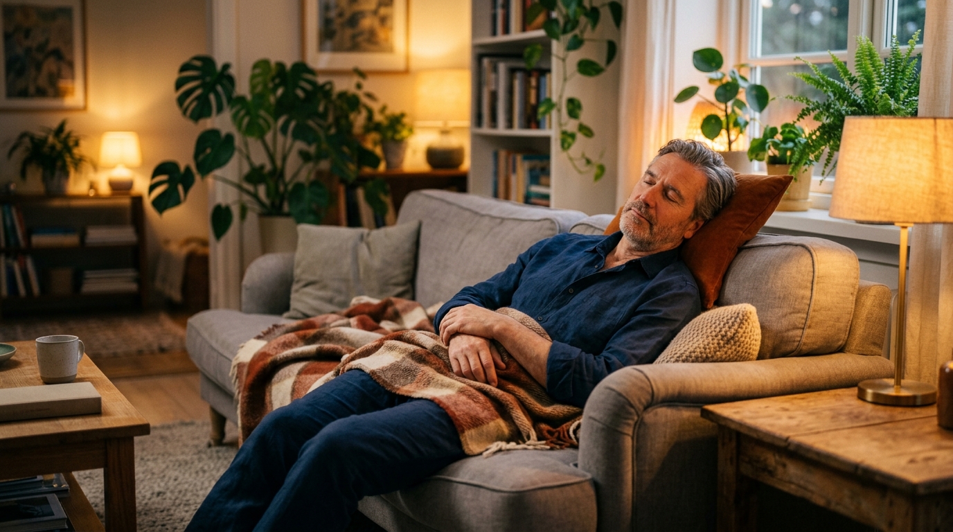 Homme se reposant sur un canapé le soir