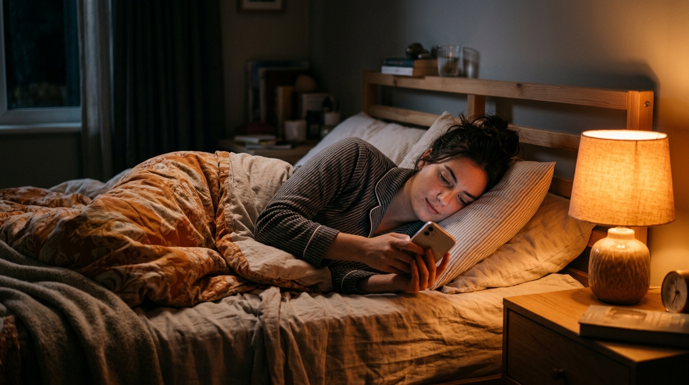 Jeune femme allongée dans son lit avec son téléphone