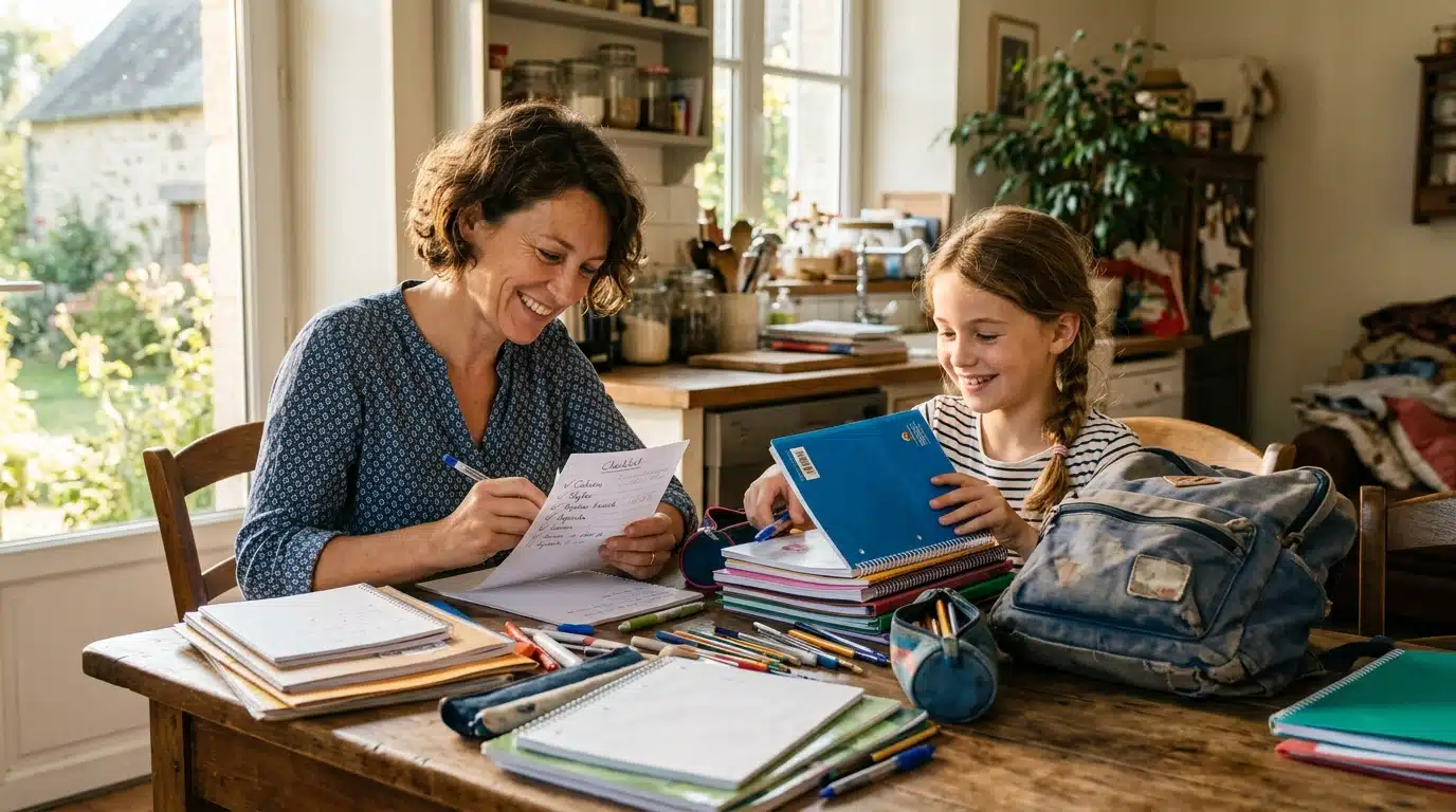 Mère et fille trient les fournitures scolaires à la maison
