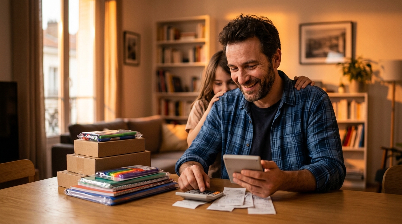 Père satisfait après avoir économisé sur les fournitures scolaires