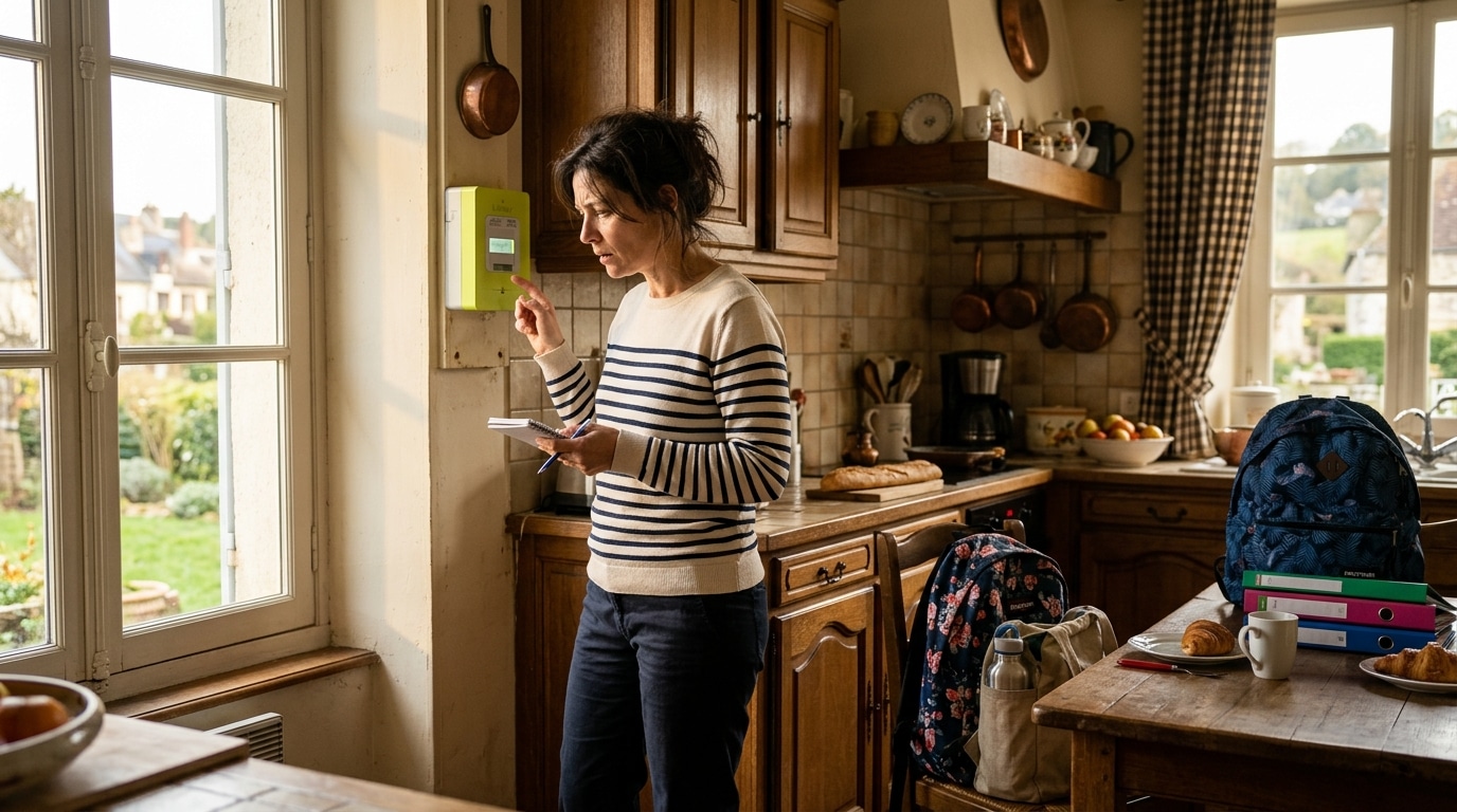 Femme vérifiant son compteur électrique en cuisine