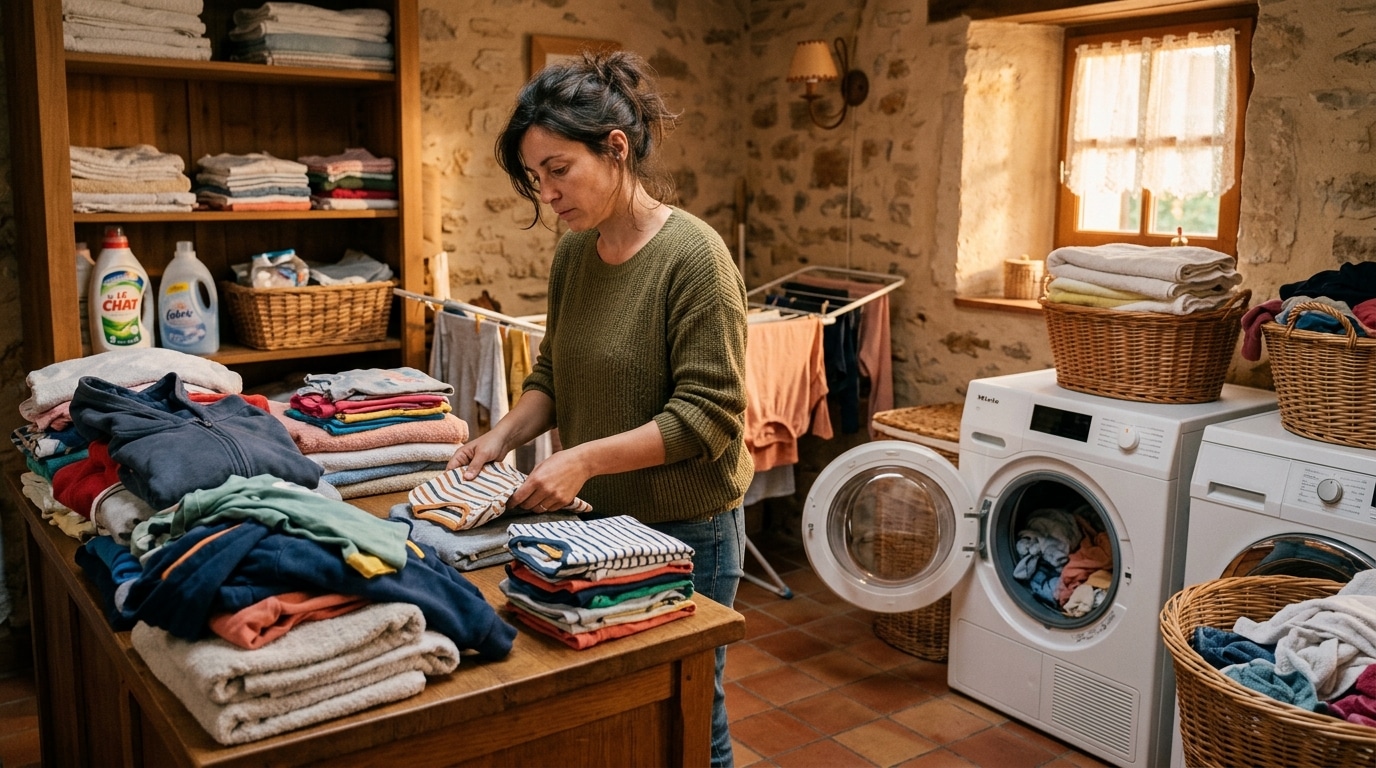 Sèche-linge et lessive de rentrée dans une buanderie