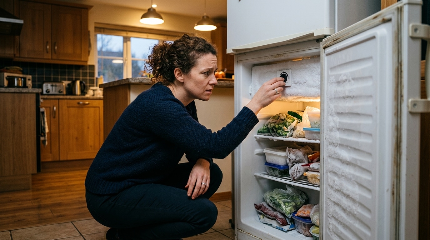 Personne réglant le thermostat d'un congélateur givré