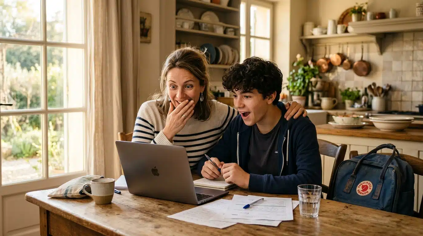 Mère et fils consultant les aides régionales sur un ordinateur
