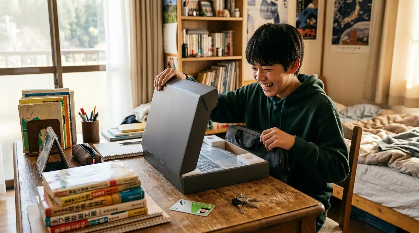 Lycéen découvrant l'ordinateur portable offert par sa région