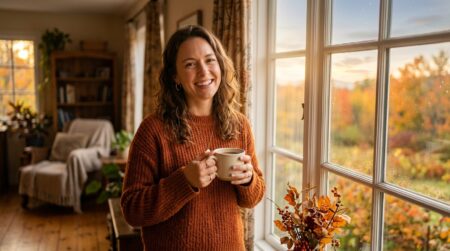 Femme souriante dans une lumière dorée du matin