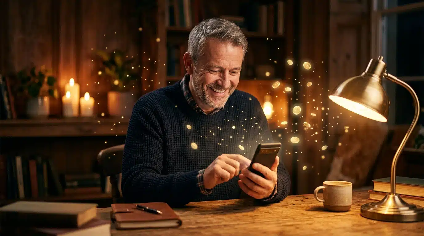 Homme heureux consultant son téléphone à son bureau