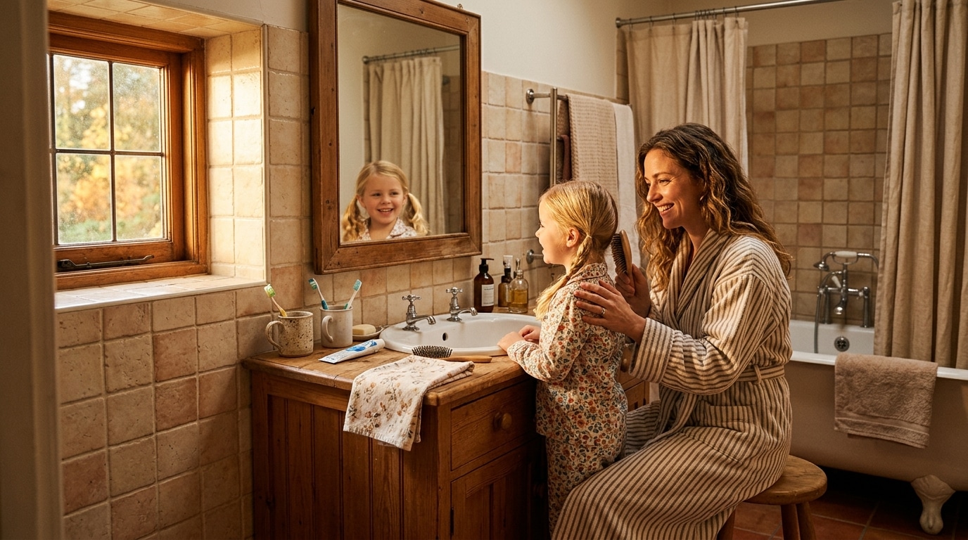 Famille souriante dans la salle de bain un matin de rentrée