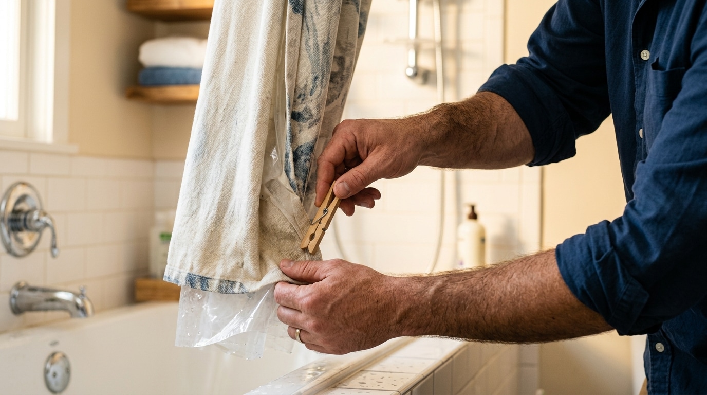 Pince à linge fixée sur un rideau de douche