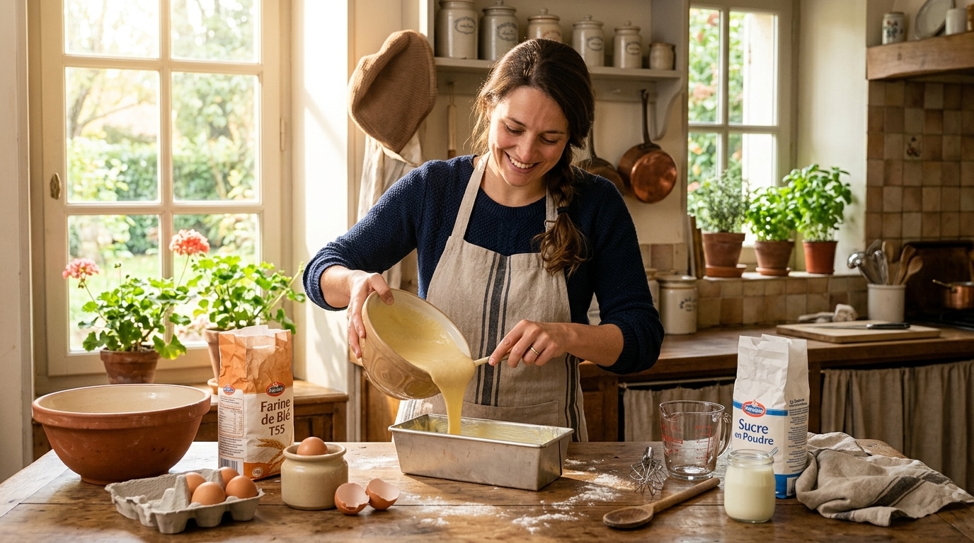 Mère préparant un gâteau au yaourt dans sa cuisine