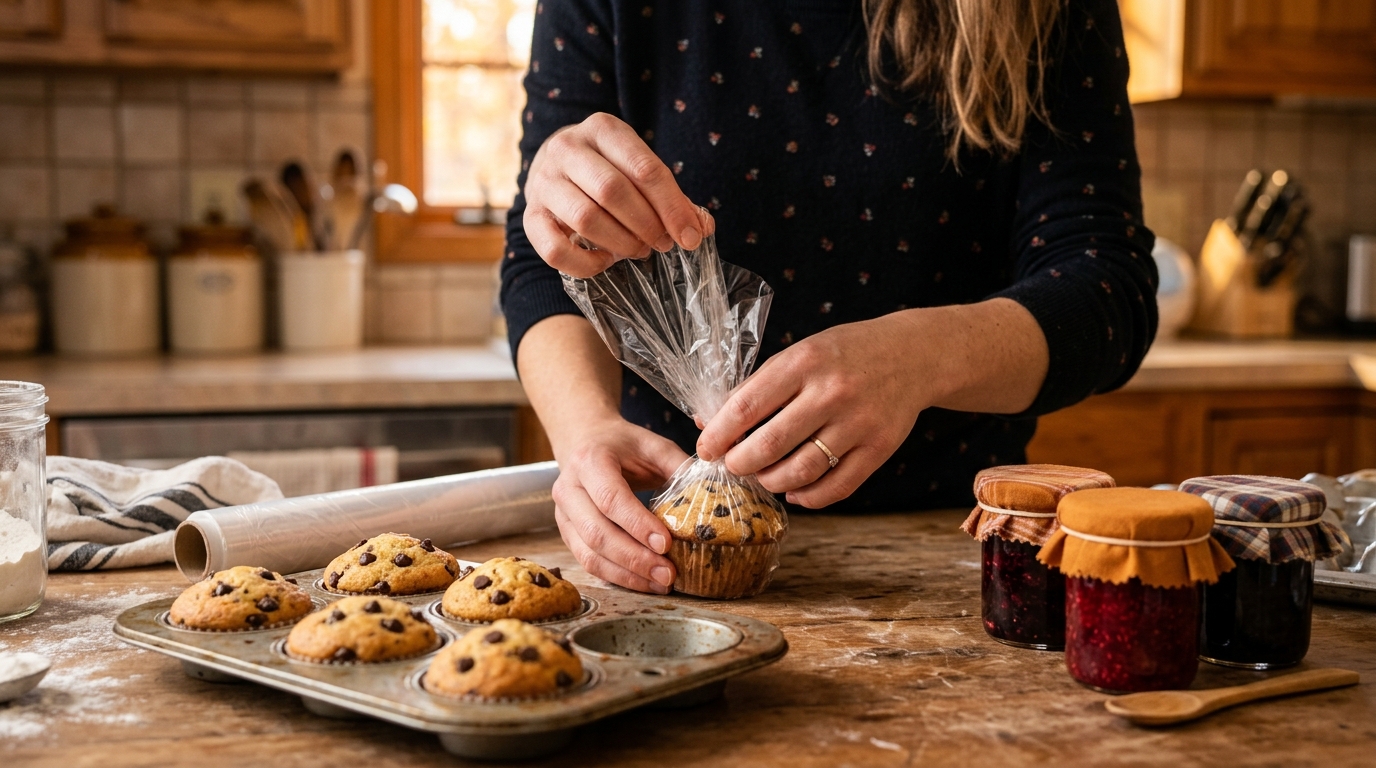 Muffins emballés et pots de compote maison sur un plan de travail