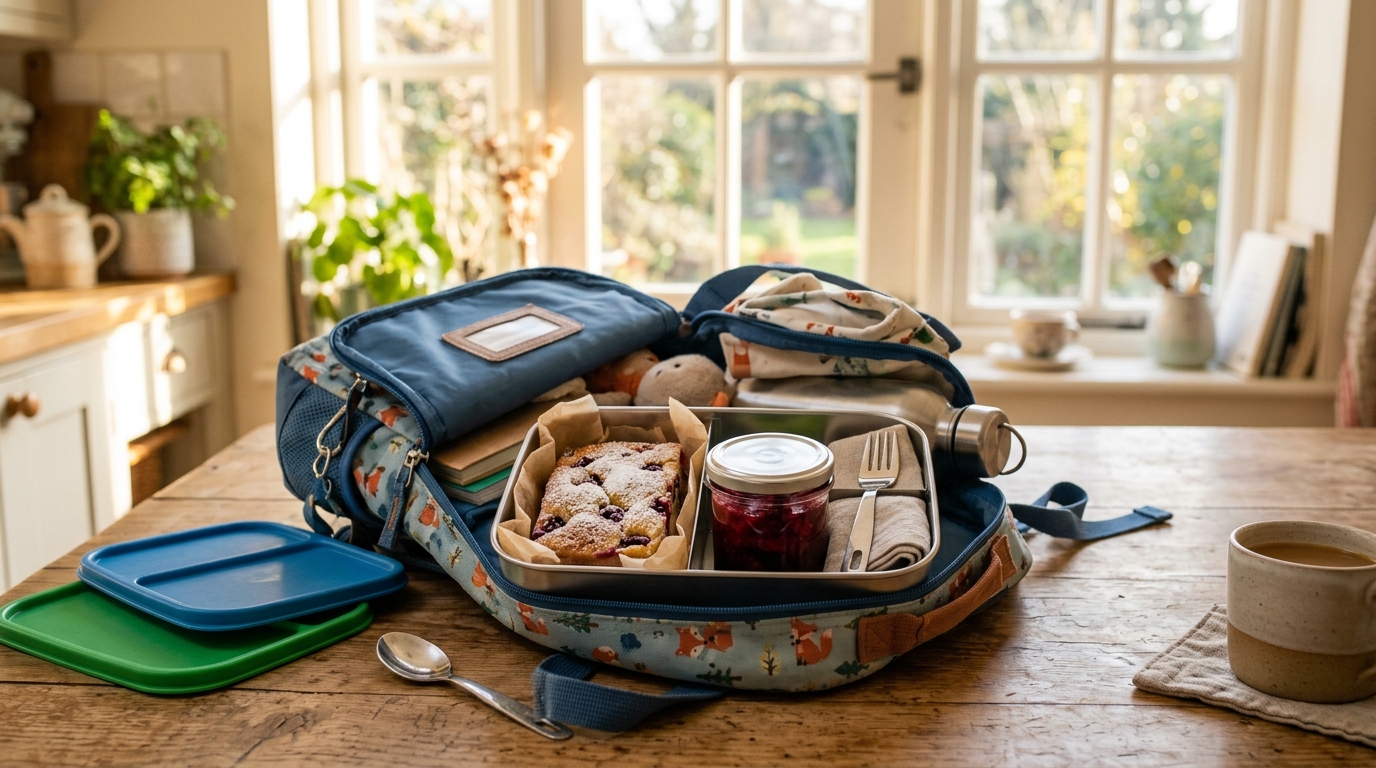 Boîte à goûter avec gâteau et compote dans un sac d'école