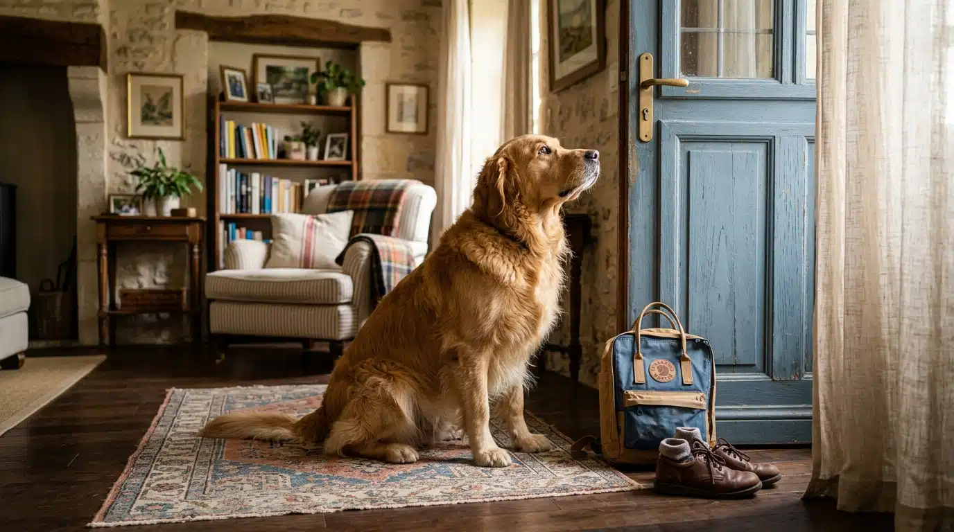 Chien anxieux attend près de la porte d'entrée
