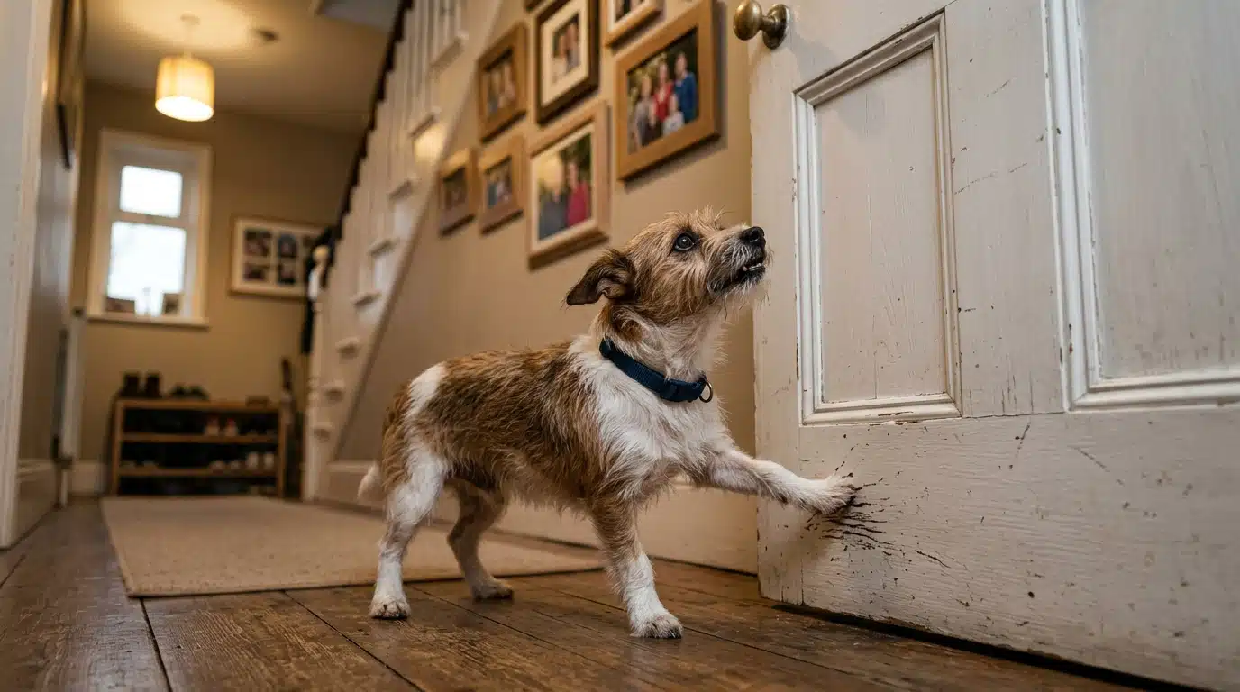 Chien qui gratte la porte, signe de détresse