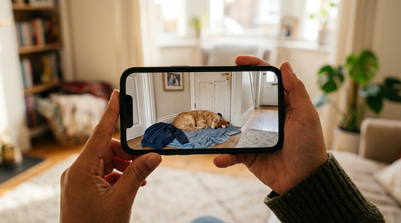 Application caméra montrant un chien seul à la maison