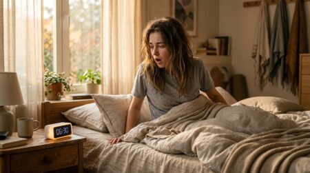 Femme fatiguée se réveillant difficilement le matin