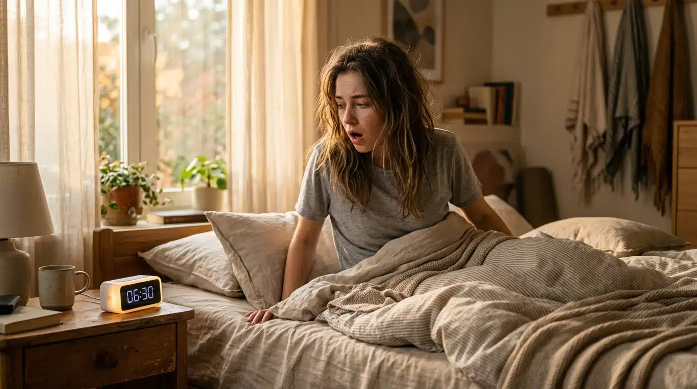 Femme fatiguée se réveillant difficilement le matin