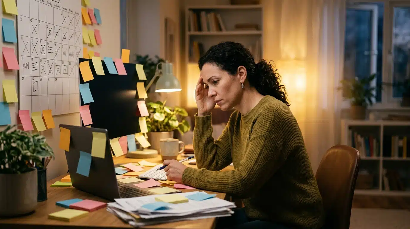 Femme débordée face à son planning de rentrée