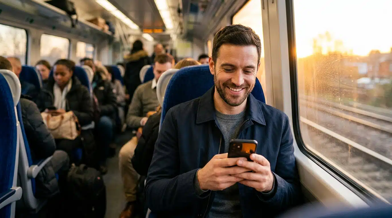 Homme souriant et confiant pendant son trajet du matin