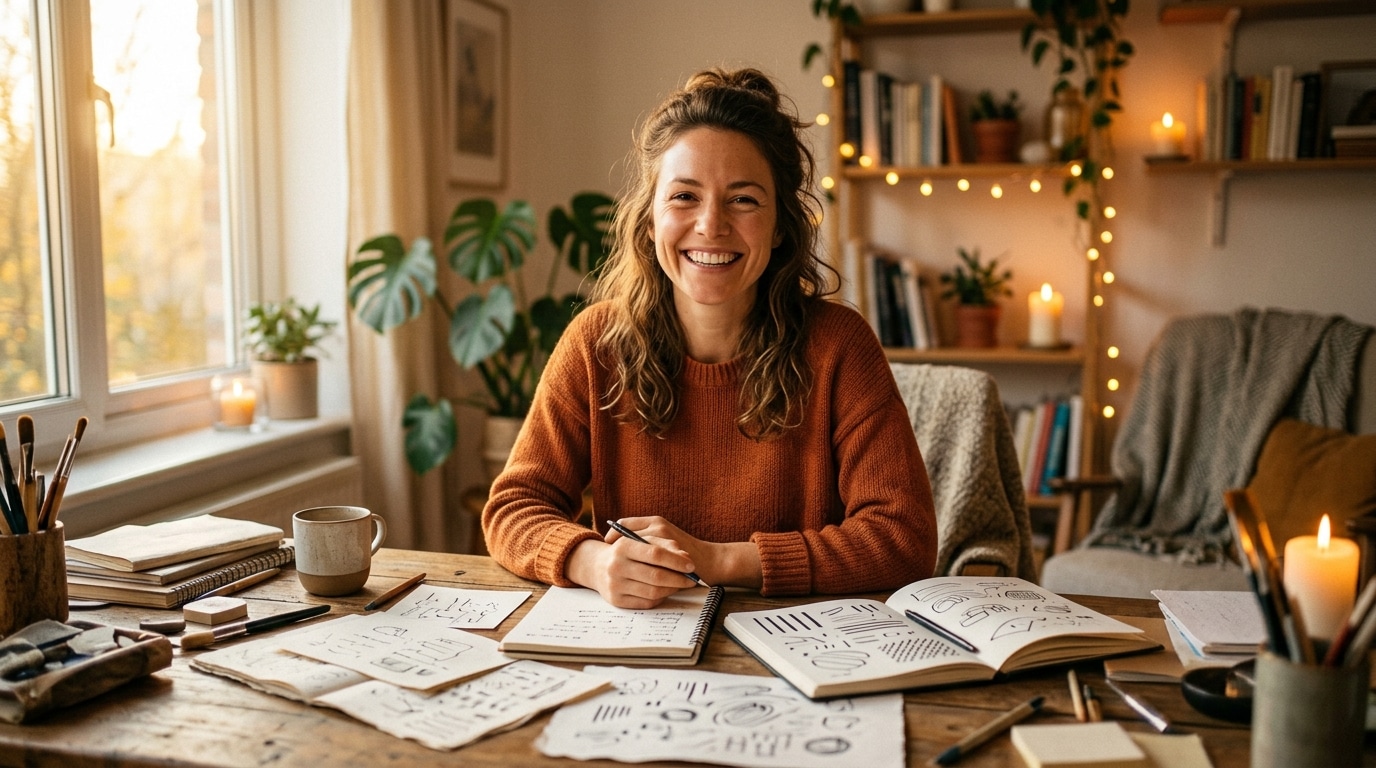 Femme souriante relançant un projet à son bureau doré