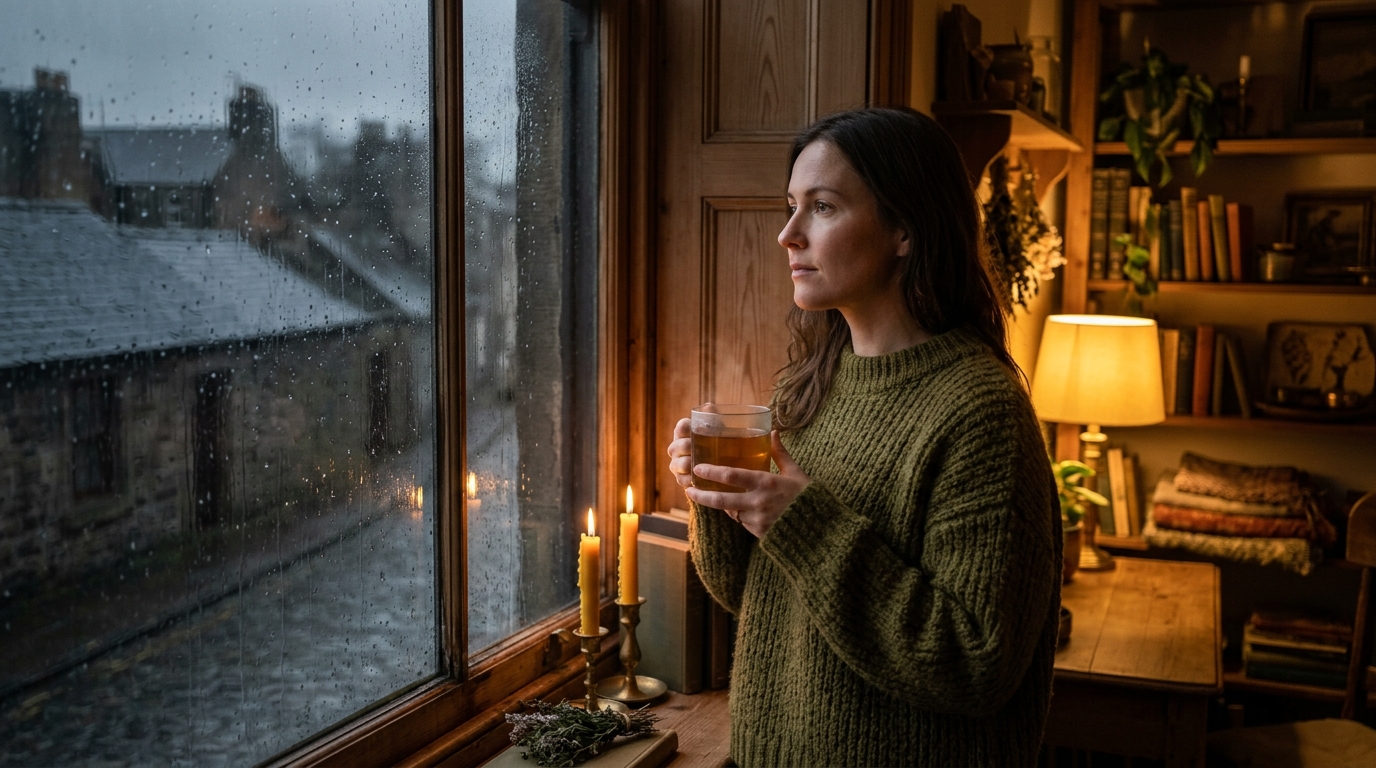Femme patiente regardant la pluie avec une tasse chaude