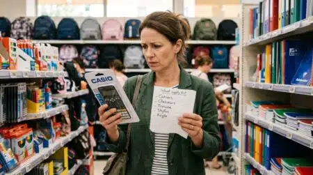 Parent hésitant devant une calculatrice scolaire en magasin