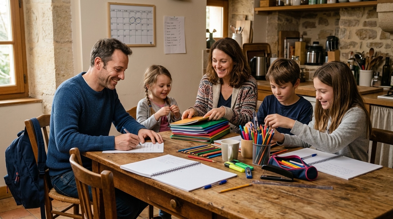 Famille organisant les fournitures scolaires par semaine