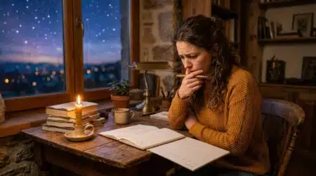 Personne anxieuse devant un agenda vide au coucher du soleil