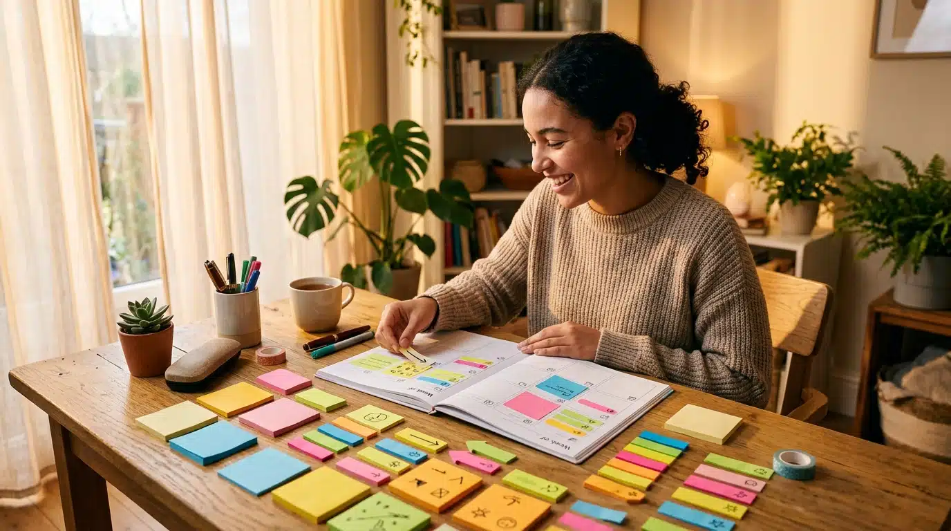 Personne organisant joyeusement son planning de rentrée