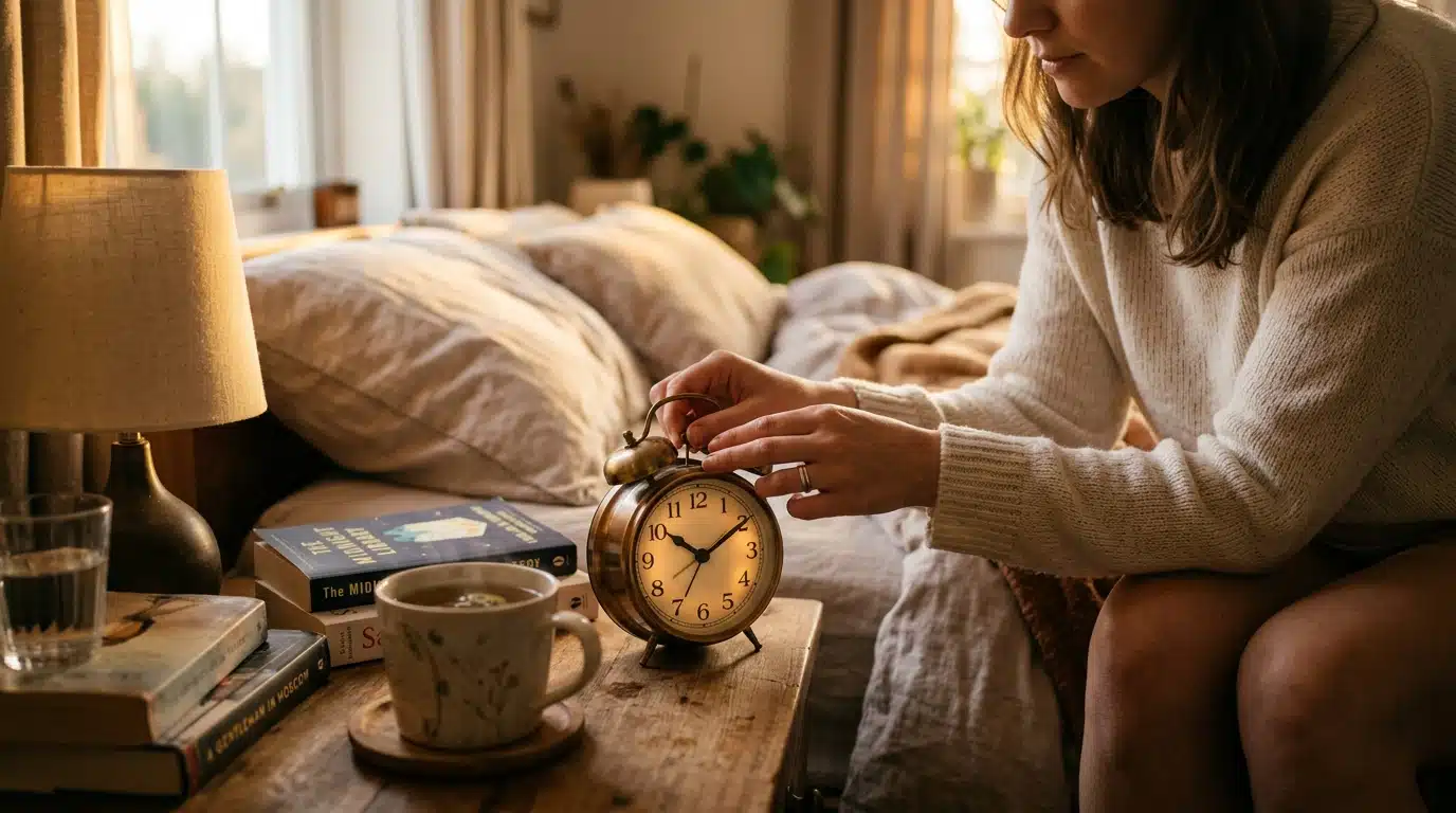 Personne réglant son réveil pour ajuster son rythme de sommeil