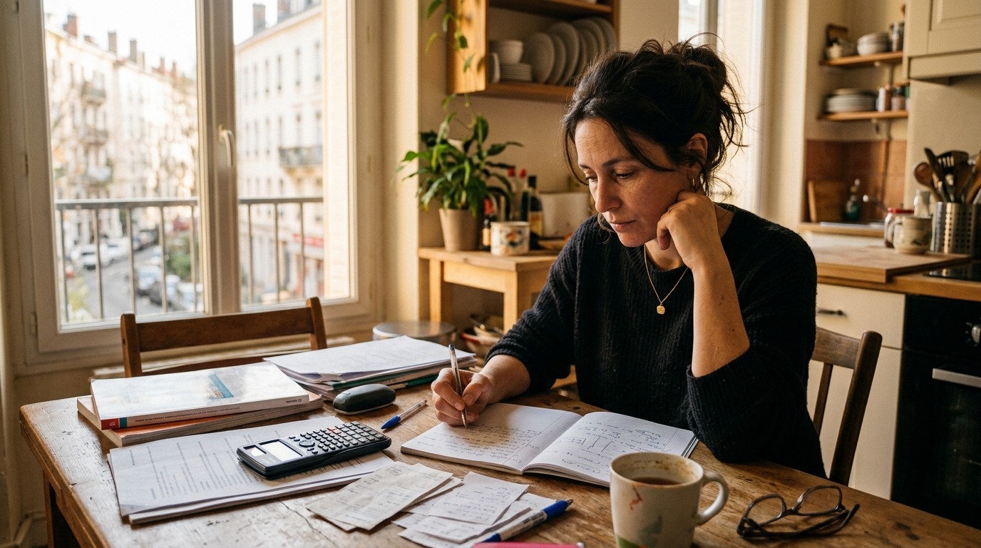 Mère de famille calculant le budget de rentrée à la maison