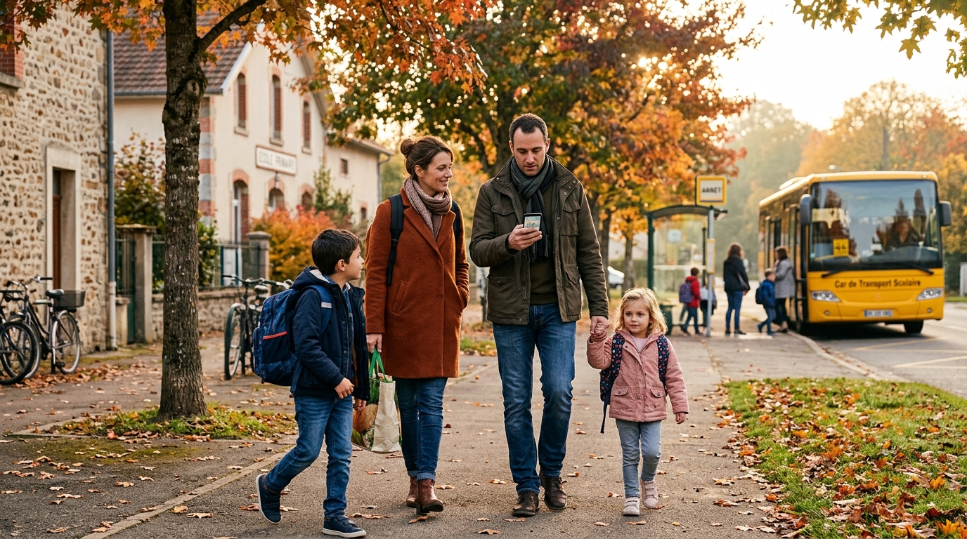 Famille se dirigeant vers l'arrêt de bus scolaire le matin