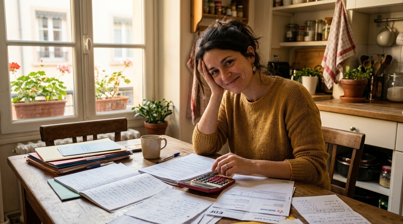 Mère de famille gère le budget de rentrée à la maison