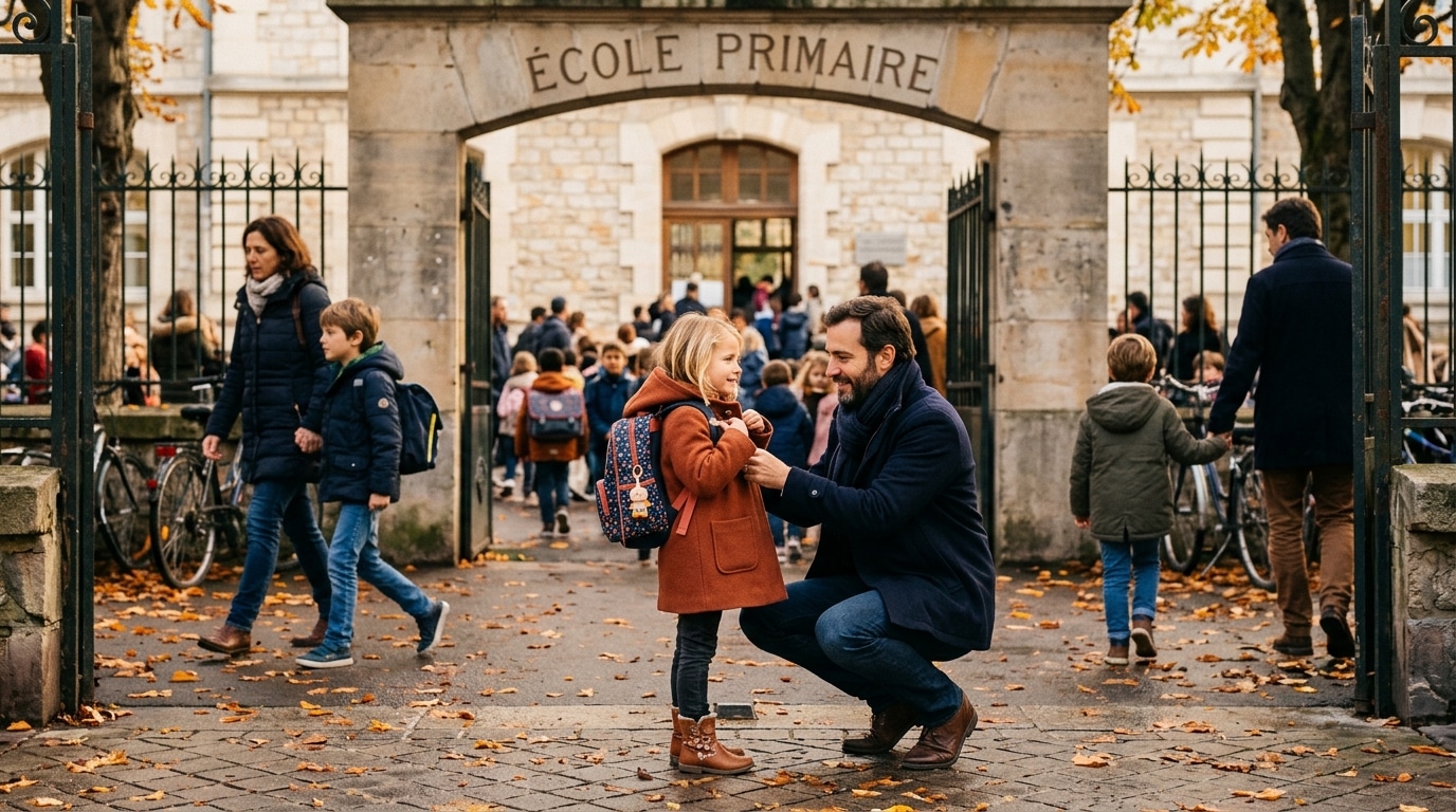 Père accompagne sa fille à l'école le matin