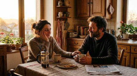 Parents fatigués prenant un café au lever du soleil