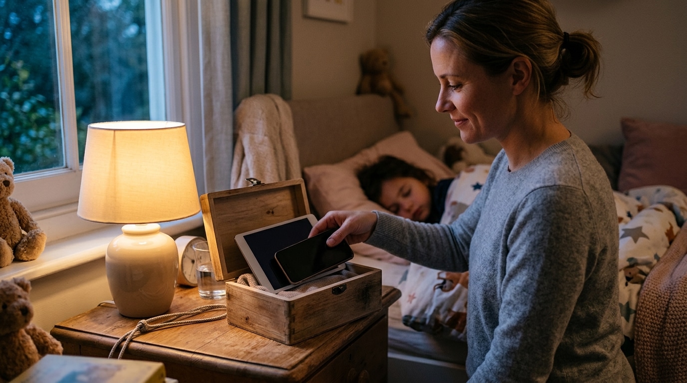 Parent rangeant les écrans avant le coucher de l'enfant