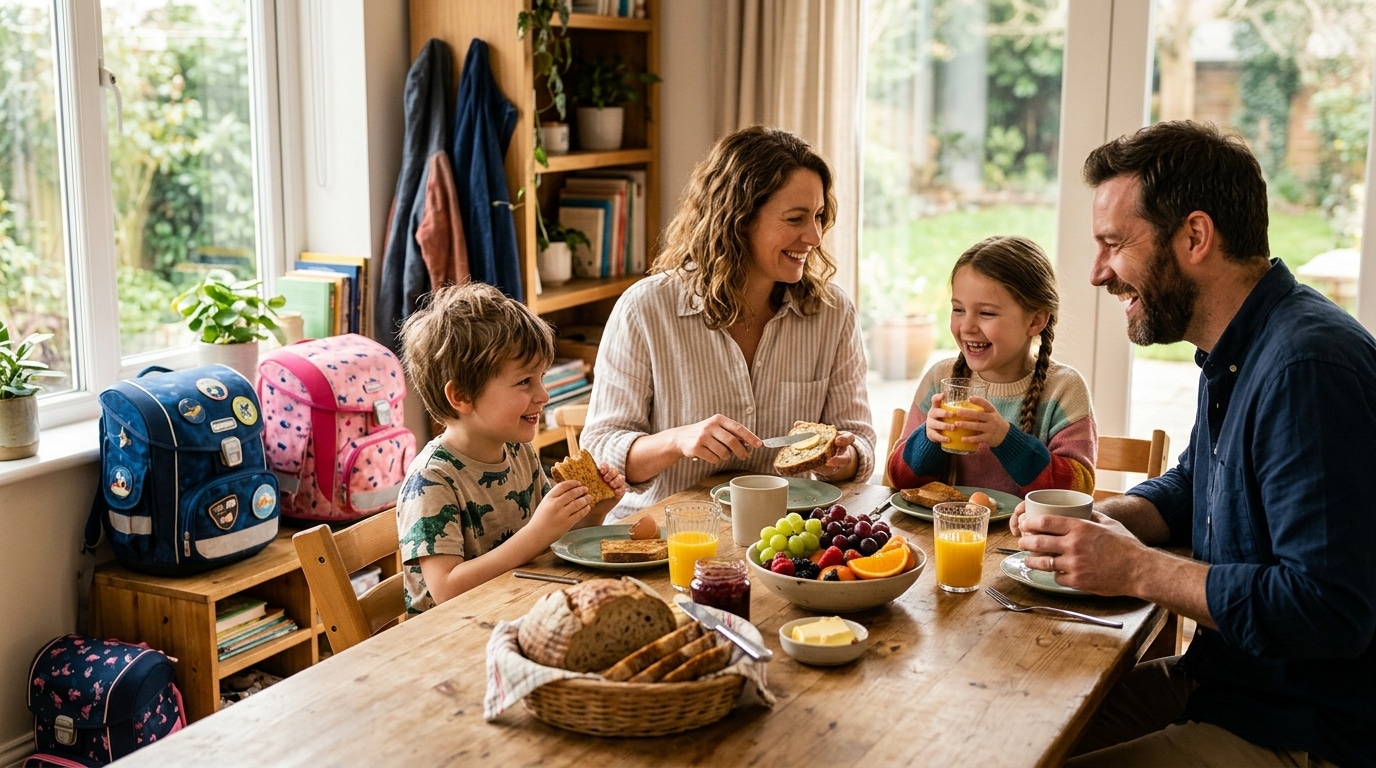 Famille prenant un vrai petit-déjeuner avant la rentrée