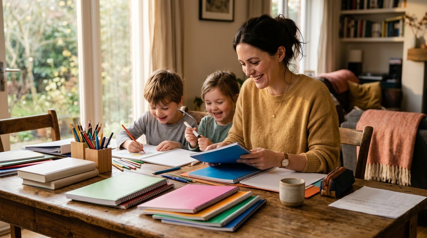 Mère organisant les fournitures scolaires sur une table