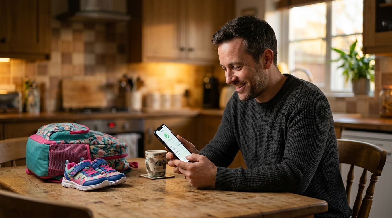 Père consultant les aides CAF sur son téléphone