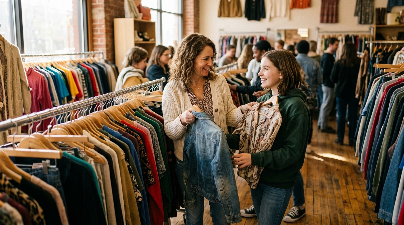 Mère et fille dans une friperie pour vêtements de rentrée