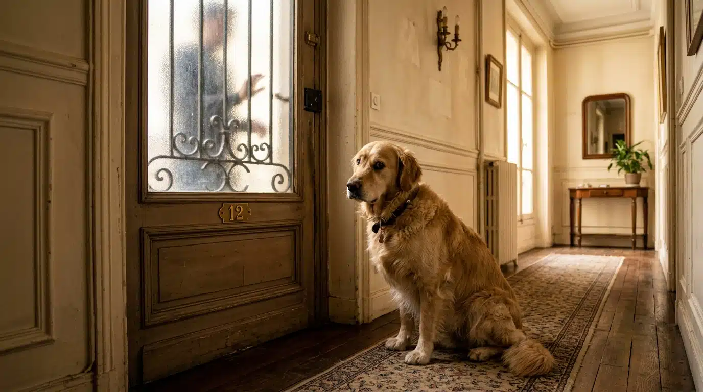 Chien anxieux attendant seul près de la porte d'entrée