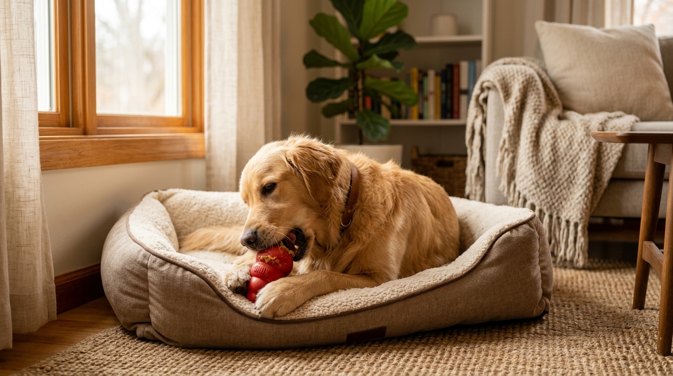 Chien détendu dans son panier avec un jouet à mâcher