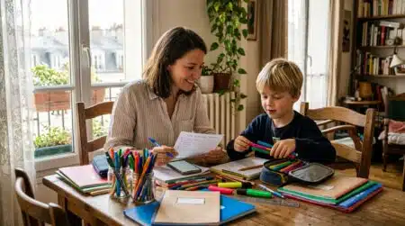 Parent et enfant trient les fournitures scolaires à la maison