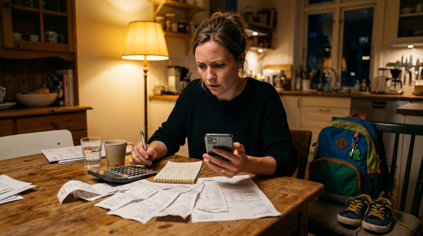 Parent calcule le budget rentrée avec factures et cartable