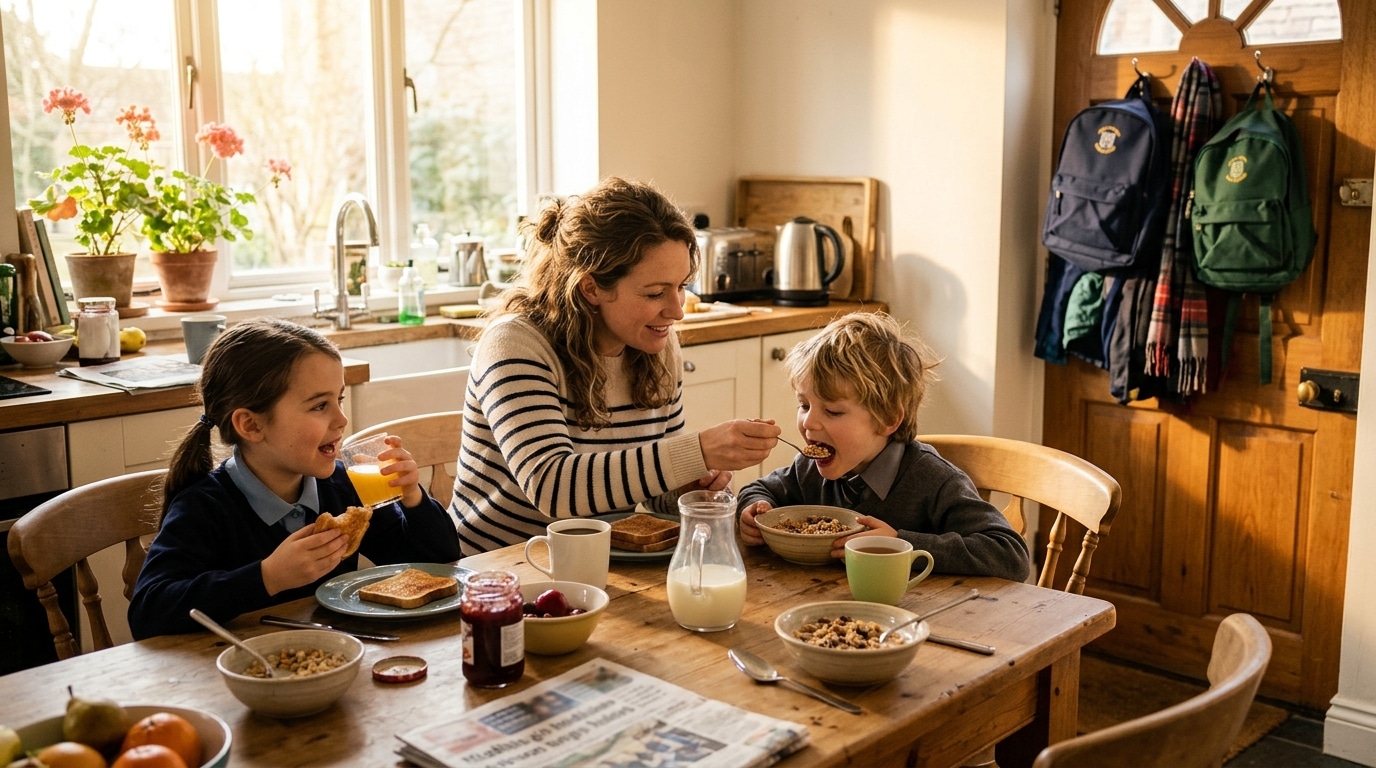Petit-déjeuner de rentrée pris en famille le matin